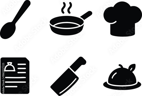 Set of Spoon Pan Hat Knife Food Service Restaurant Catering Menu Recipe Chef Cook Kitchen Utensil Meal Culinary Gourmet Order Serving Outline Simple Vector Glyph