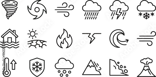 Weather and Natural Disaster Line Icons on Transparent Background Storm Tornado Earthquake and Flood Symbols Natural Catastrophe Vector Illustration
