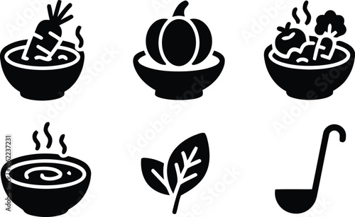 Various soups and vegetables ingredients in bowl illustration of culinary herbs, and tools like a ladle perfect for cooking blogs, recipe books, or healthy eating designs