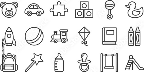 Collection of Simple Pictogram Toy in Outline Style such as Teddy Bear Car Puzzle Building Blocks Rattle Duckling Rocket Ball Train Kite Book Crayons Backpack Wand Bottle Pacifier Swing