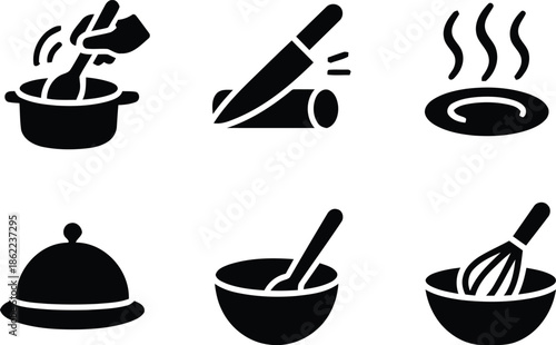 Cooking utensils and food preparation icons collection featuring various tools and ingredients for culinary projects, recipes, and kitchen-themed designs vector illustration