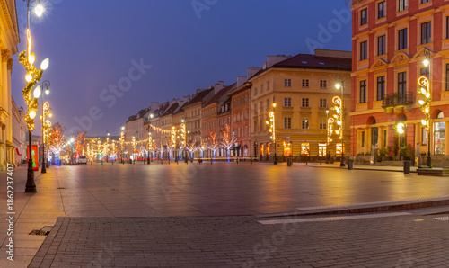 Christmas lights on main street in Warsaw Poland