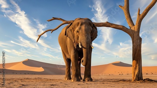 Majestic elephant stands alone beside a barren tree in a vast desert landscape under a blue sky