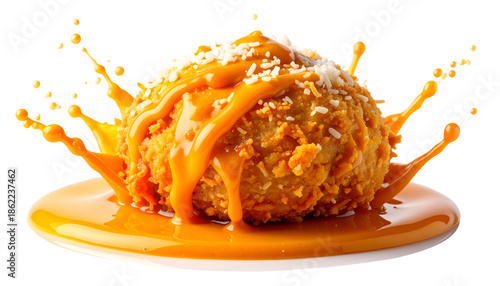 A fried, spherical dessert with a caramel drizzle and coconut flakes, served on a plate