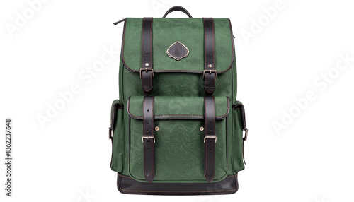 A green backpack with leather straps and buckles, front pockets, and a top handle
