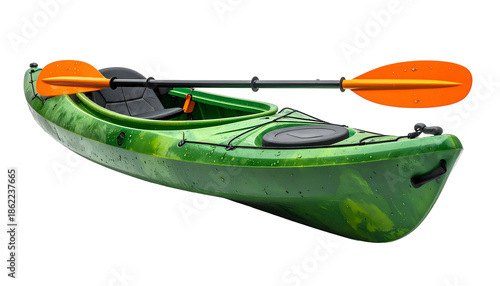 A vibrant green kayak with a black seat and orange paddle against a stark black background