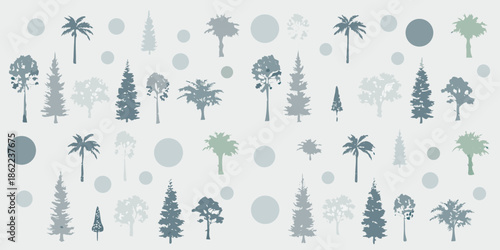 A pattern of stylized trees and oval shapes in muted blue tones