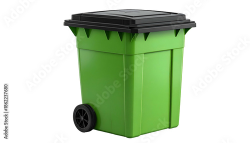 A green, wheeled bin with a black lid, isolated on a black background