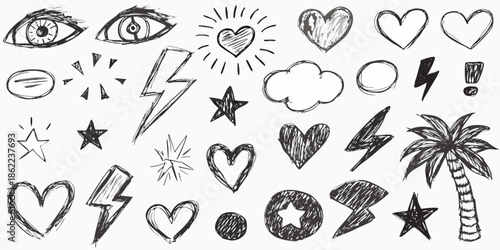 A collection of hand drawn doodles including eyes hearts stars and a palm tree