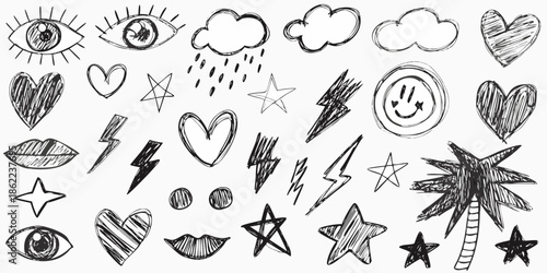 Hand drawn sketches of eyes hearts stars clouds and tropical elements