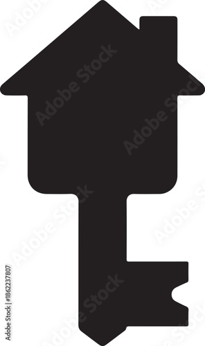 Black Silhouette of a House Merged with a Key on a White Background home real estate
