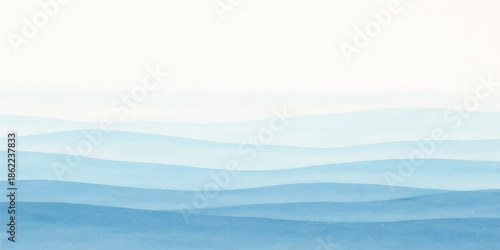 A serene morning mist blankets a blue mountain landscape vector illustration featuring a snowy valley and forest trees under a glowing sunrise horizon