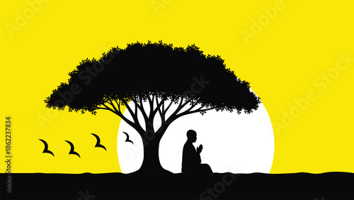 Silhouette of a person standing under a tree with birds flying away at sunset