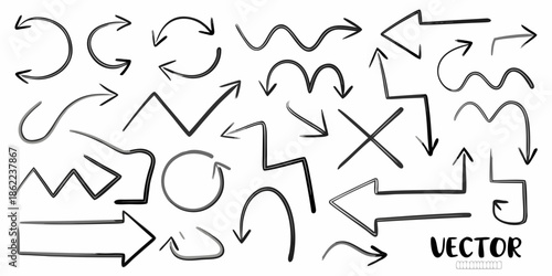 Collection of hand drawn arrows and curved lines indicating direction and movement