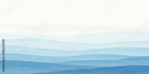 A serene mountain landscape vector features snow-capped peaks under a blue sky at sunrise, where mist and fog settle over the forest valley and rolling hills as clouds drift across the horizon