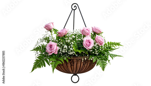 Hanging floral basket with pink roses, ferns, and delicate white filler