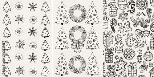 Hand drawn christmas elements trees wreaths cookies and gifts pattern