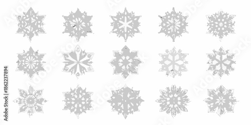 A collection of delicate gray snowflakes arranged in a grid pattern