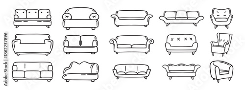 sofa and armchair doodle hand drawn icon set. luxury couch for apartment, comfort sofa models. Outline drawing sofa and armchair line clipart symbol collection