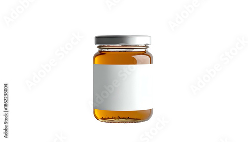A small glass jar with a silver lid and a blank white label against a black background