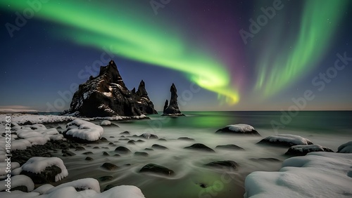 Aurora Borealis dancing above snowy rocks and icy waters at dusk