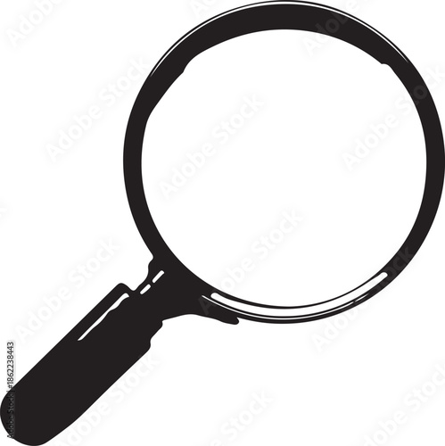 Black silhouette of a magnifying glass with a round lens and handle on a white background search research