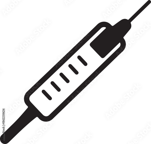 Black silhouette of a medical syringe with a needle and markings on a white background healthcare
