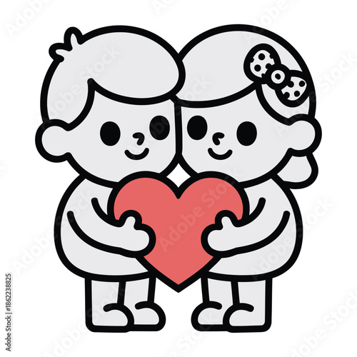 A minimal romantic illustration design. In which two simple cartoon characters stand together and hold a red heart between them. For t-shirts, stickers and Valentine gifts.