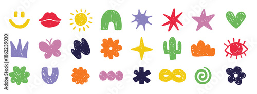 Abstract doodle colorful shapes. Chalk cute various modern kids hand drawn elements set. hearts, clouds, stars, flowers, eye, star stickers