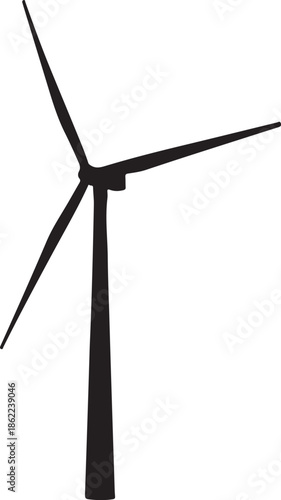 Black silhouette of a wind turbine with three blades on a white background with transparent background