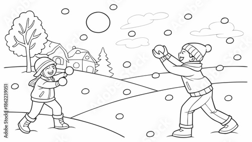 Children Playing Snowball Fight Winter Fun Illustration