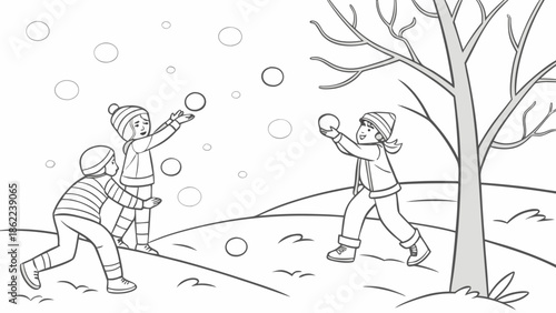 Children Playing Snowball Fight Winter Fun Illustration