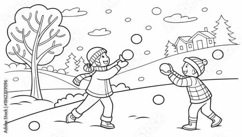 Children Playing Snowball Fight Winter Fun Illustration