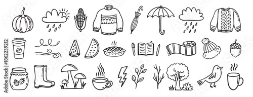Autumn or nature fall season with falling leaves, umbrella doodle hand drawn icon elements set. Outline drawing autumn or fall line clipart symbol collection
