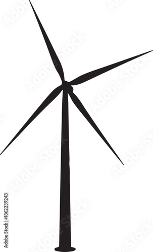 Black silhouette of a wind turbine with three blades on a white background with transparent background