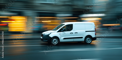 White delivery van speeding through a wet city street at night with motion blur, urgent transport and logistics for urban express service