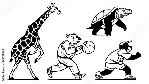 Collage of Four Animals Participating in Different Activities Illustration