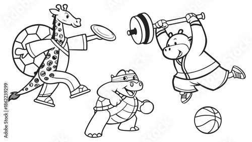 Animals Participating in Athletic Activities Colorful Illustration