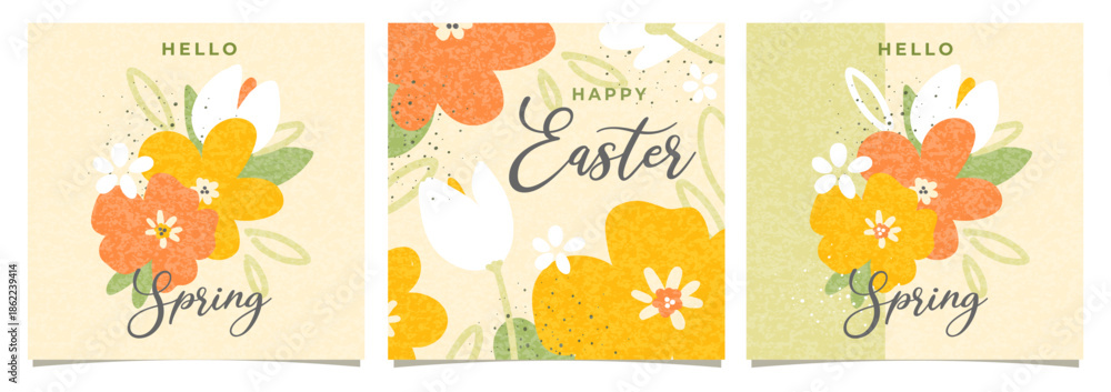 Obraz premium Easter set of cards spring eve square covers, greeting cards, print, spring flowers, hand drawn creative vector illustration