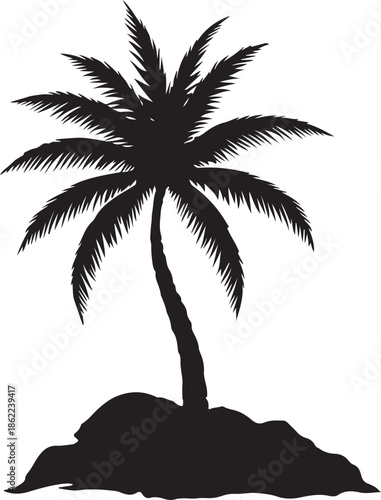 Silhouette of a single palm tree with a curved trunk standing on a small mound of land against a white background
