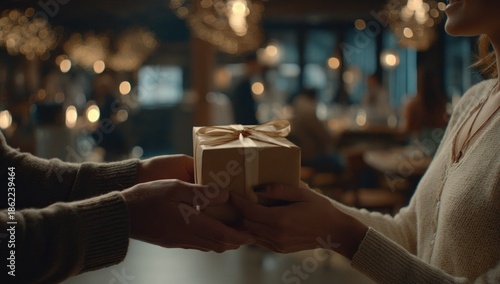 A person gives a gift to another, with a restaurant setting and blurred background