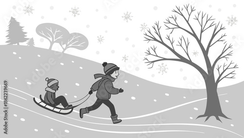 Children Playing in the Snow Sledding Winter Fun Illustration