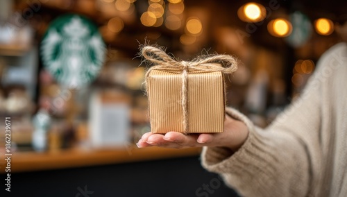 A person holding a small, wrapped gift in front of a blurred, warm-lit cafe