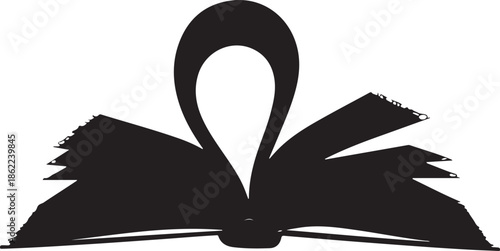 Stylized black silhouette of an open book with a large, abstract curved shape emerging from the pages on a white background