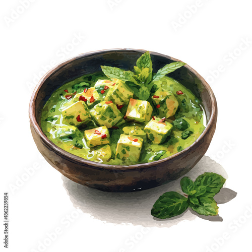 Saag Paneer in watercolor style, vector illustration, isolated on white background.