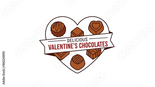 A heart-shaped graphic features several chocolate candies, arranged inside the heart, with a banner that states "Delicious Valentine's Chocolates.