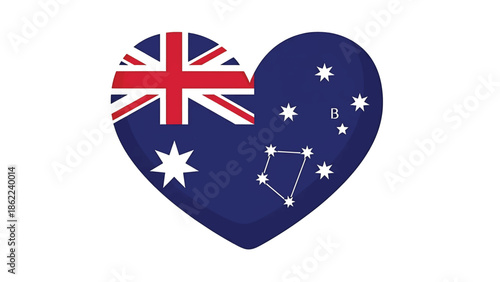 A heart-shaped graphic with a flag design on one side and stars on the other. Includes constellations on dark blue