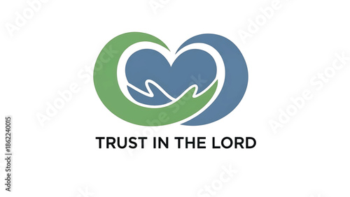 A heart-shaped graphic made of green and blue elements, held up by stylized hands, and with words below. The image has a textured appearance