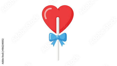 A heart-shaped lollipop with a blue bow. The candy is red with a white stick and is set against a plain white background