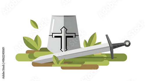 A helmet with a cross, a sword resting on the ground, and green foliage. This design is done in a flat illustration style
